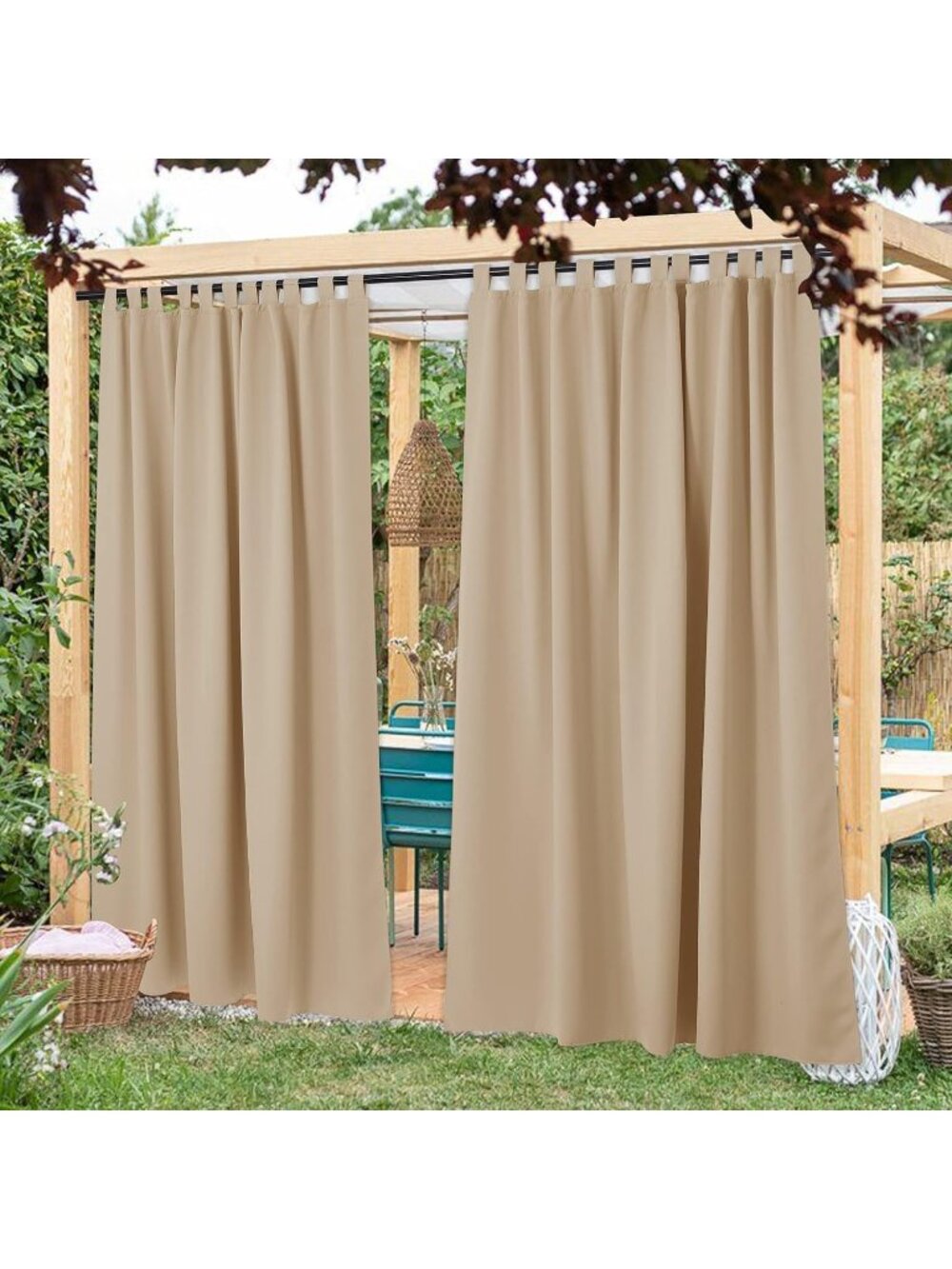 2 Outdoor Curtain Panels W84" X L84" Waterproof Biscotti Beige Patio Porch Nicet